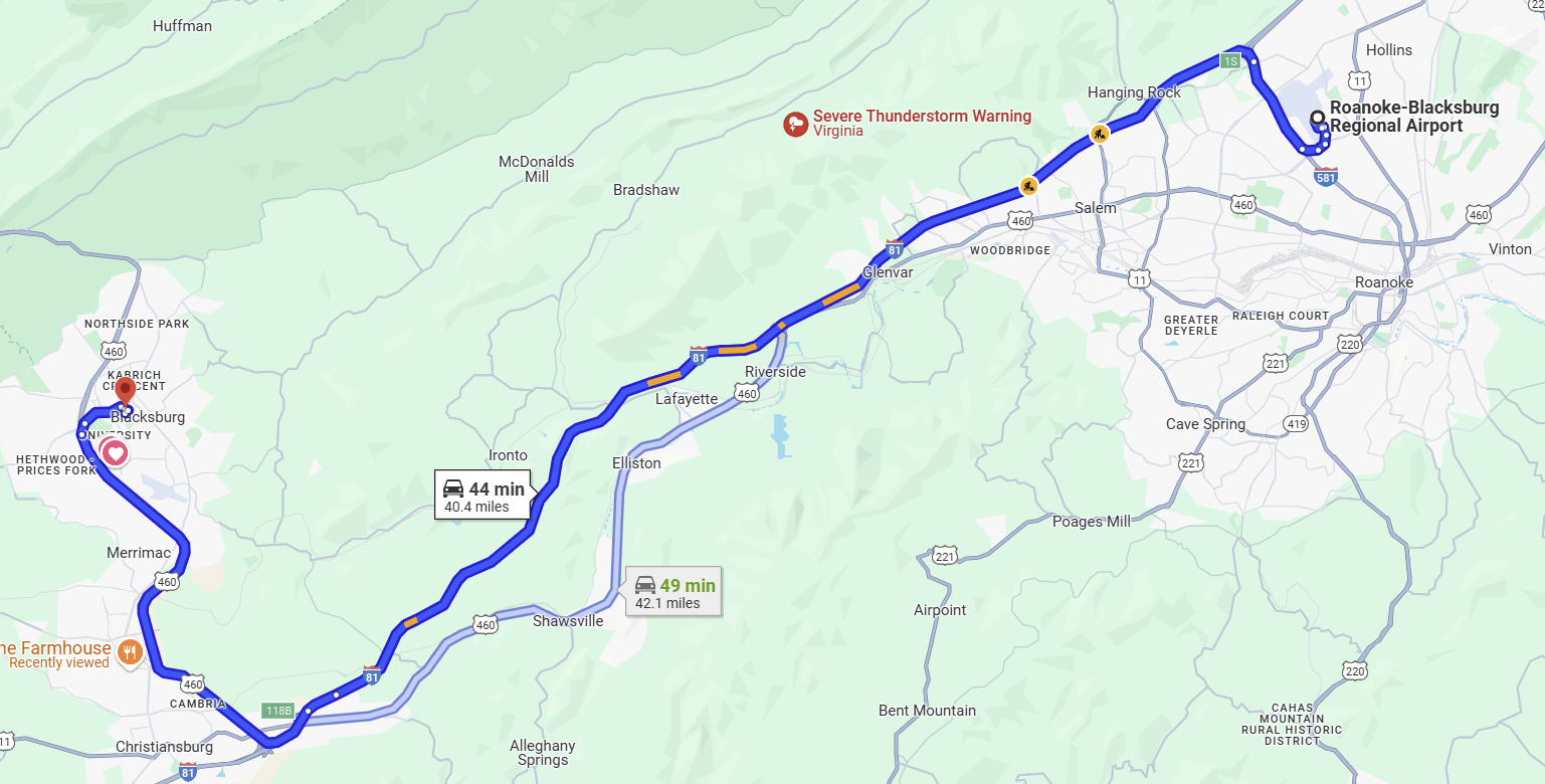 Directions from Roanoke Airport to Durham Hall